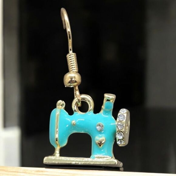 Vintage Sewing Machine Earrings Turquoise Enamel Pierced Hobby Seamstress Gift - Picture 6 of 8